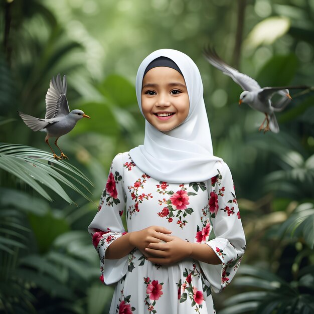 Photo a little girl walking in the jungle of birds