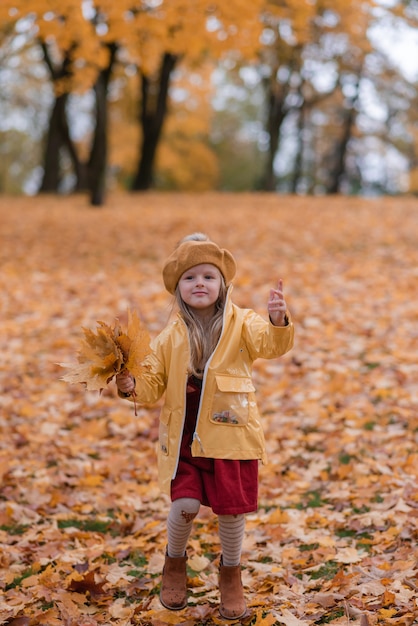 Photo little girl walking in park with leaf autumn nature garden