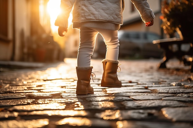 Little Girl Walking Towards Sun on Spring Street