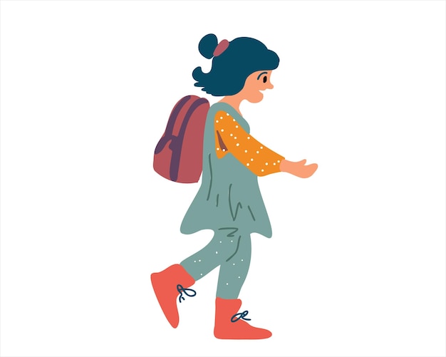 little girl walking with a backpack cartoon style vector isolated on white background