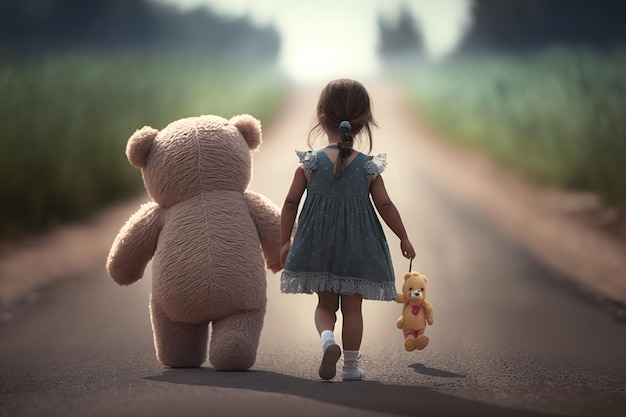 A little girl walks down the road with a teddy bear