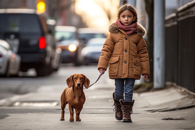 A little girl walks her dachshund dog outside in the city