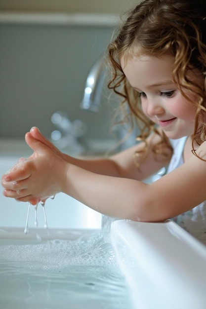 a little girl washing her hands in a bathtub