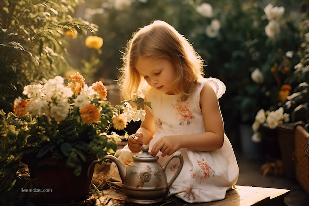 작은 소녀 가 정원 에서 꽃 에 물 을 주고 있다