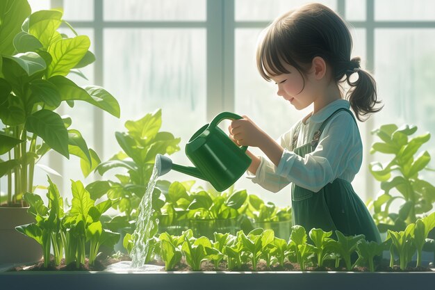 温室で植物の世話をする小さな女の子に水を注ぐ