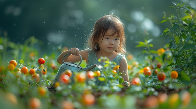 A little girl waters the plants in the garden