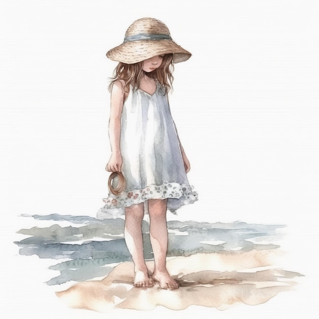A little girl wearing beach hat on beach generative AI