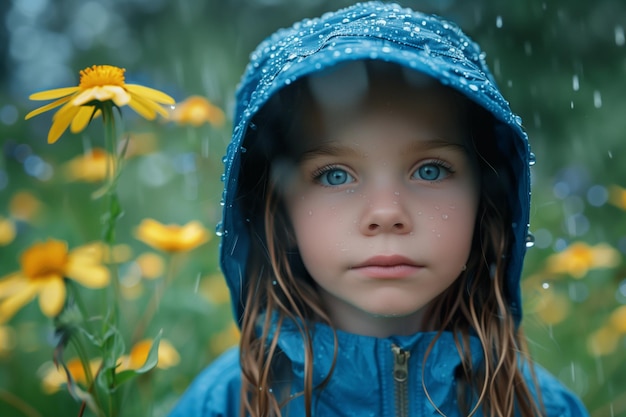 青いレインコートを着た小さな女の子が雨の滴が落ちる草原に立っています