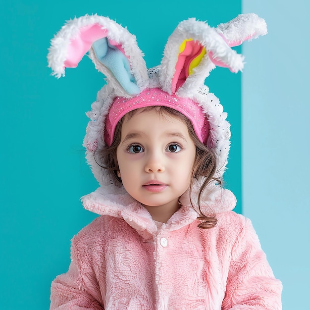小さな女の子がウサギの帽子をかぶってウサギのお耳をかぶっています