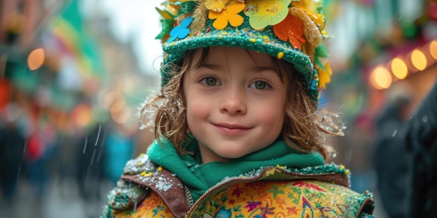 A little girl wearing a colorful hat and scarf St Patrick day celebration outdoors person in green