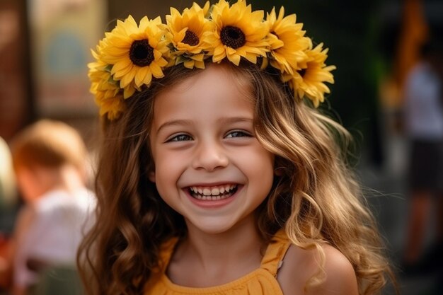 a little girl wearing a crown of sunflowers.