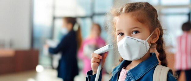 a little girl wearing a face mask and holding a suitcase