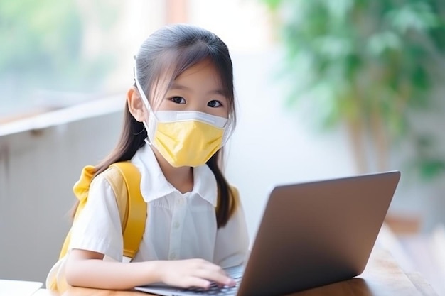 a little girl wearing a face mask using a laptop