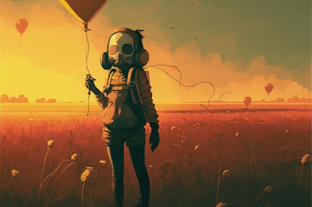 Little girl wearing a gas mask holding a balloon standing in a field during sunset Fantasy concept Illustration painting Generative AI