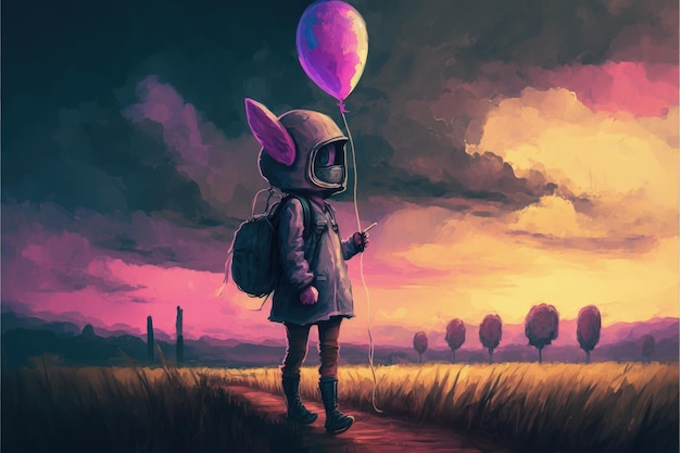 Little girl wearing a gas mask holding a balloon standing in a field during sunset Fantasy concept Illustration painting Generative AI