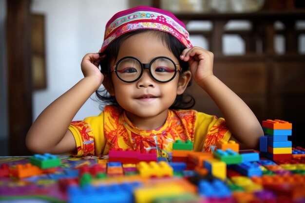 Little girl wearing glasses and hat sitting at table Suitable for educational and lifestyle themes