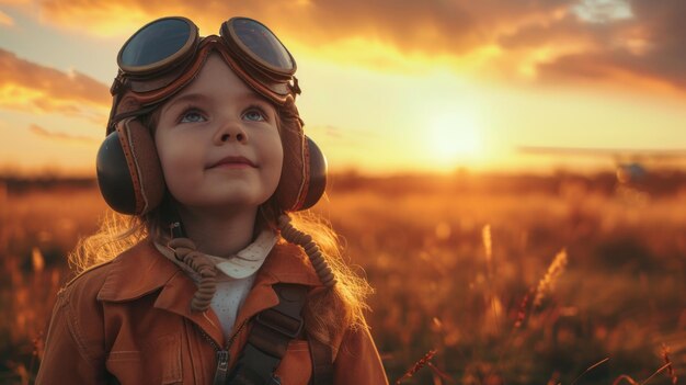 Little Girl Wearing Goggles and Standing in a Field