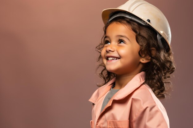 Photo a little girl wearing a hard hat and smiling