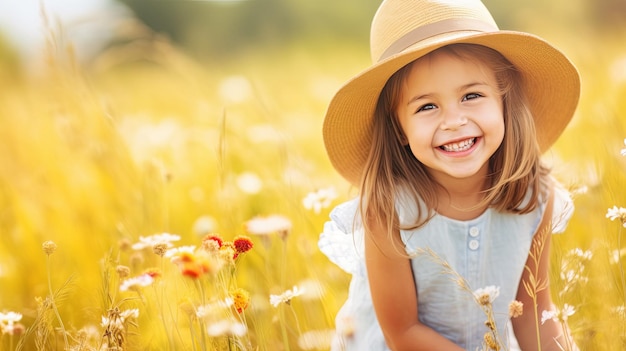 Маленькая девочка в шляпе на поле цветов