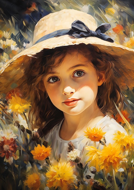 꽃을 들고 모자를 쓴 어린 소녀 큰 눈 젊은 와우 예언 꿀 색깔의 여름 햇빛