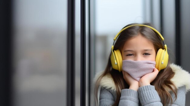 a little girl wearing headphones and a face mask