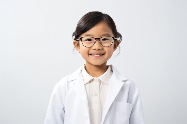 a little girl wearing a lab coat and glasses