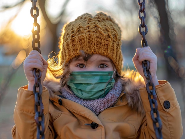 Foto ragazzina con una maschera su un'altalena