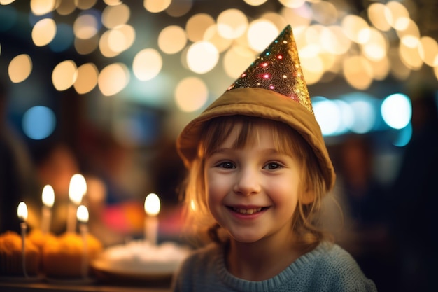 A little girl wearing a party hat with a gold background