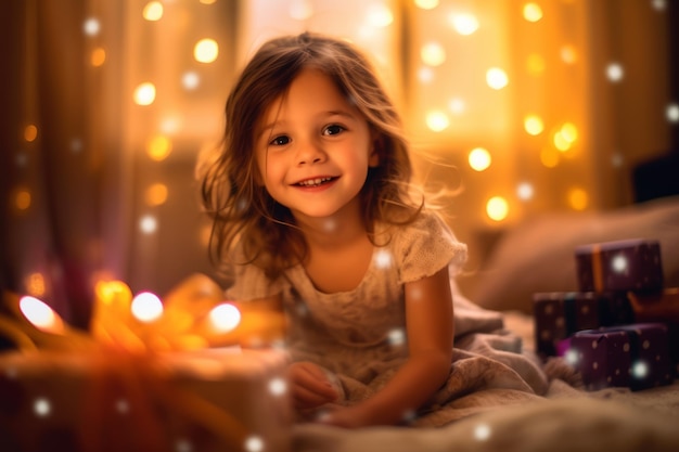 A little girl wearing a party hat with a gold background