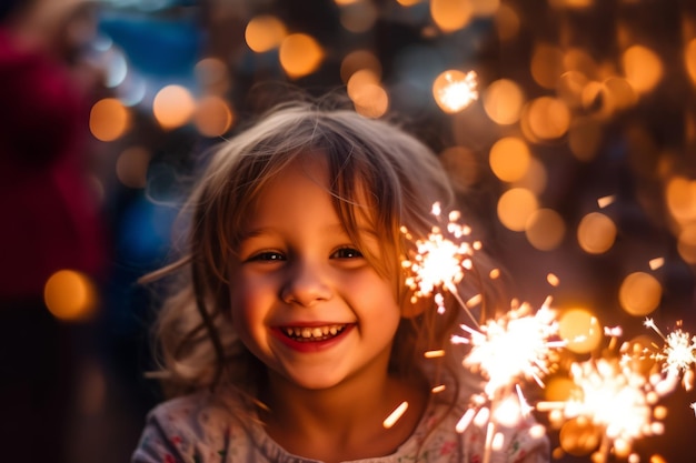 A little girl wearing a party hat with a gold background