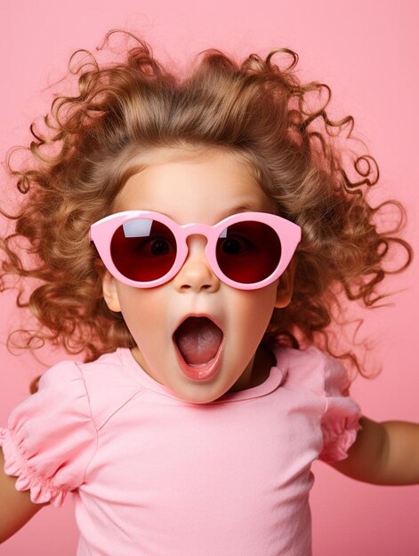 a little girl wearing pink sunglasses making a funny face