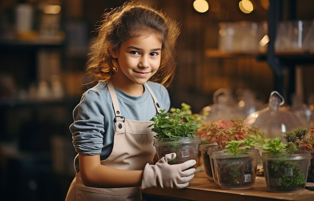 A little girl wearing a a plant pot in front of a florist shop Pay attention to the flora