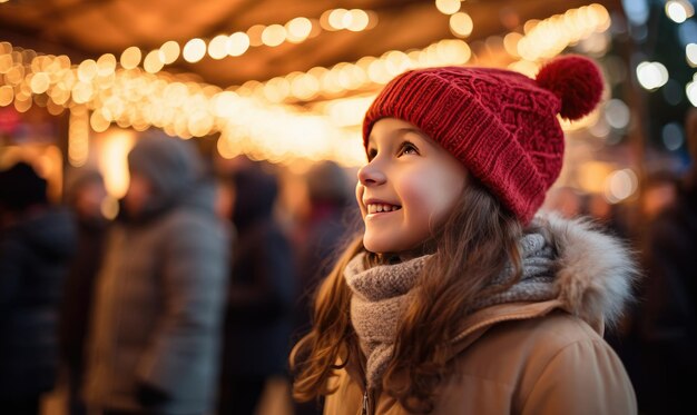 A little girl wearing a red hat and scarf