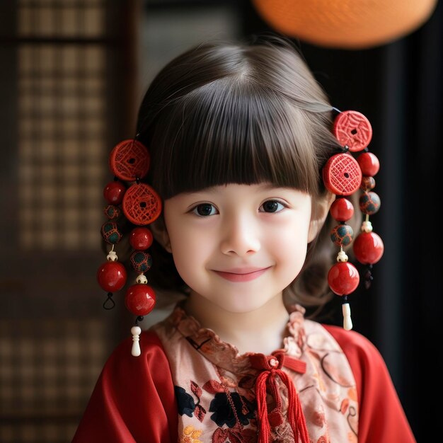 A little girl wearing red porcelain earrings in Korean style is weaving exquisite handmade ornaments