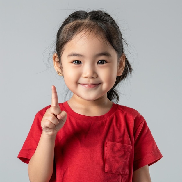 A little girl wearing a red shirt that says thumbs up