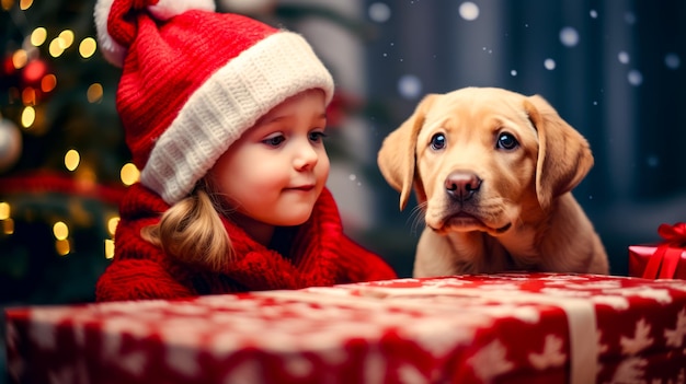 Little girl wearing santa hat next to brown dog on table Generative AI