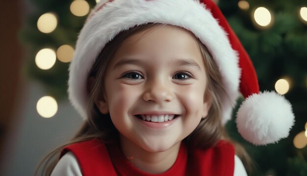 Little girl wearing santa hat and smiling at the camera with smile on her face generative ai