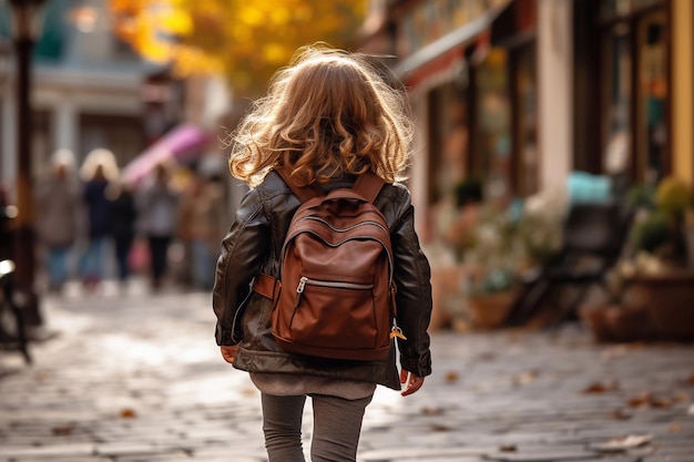 Маленькая девочка возвращается в школу с рюкзаком
