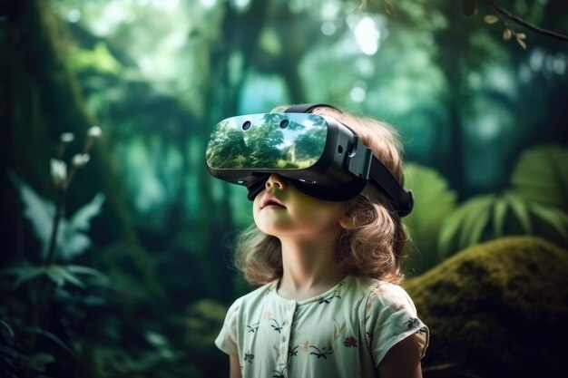 Foto piccola ragazza che indossa occhiali di realtà virtuale sullo sfondo della foresta persone che usano un dispositivo vr