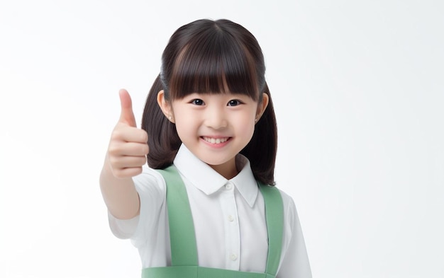 A little girl wearing a white shirt that says " thumbs up ".