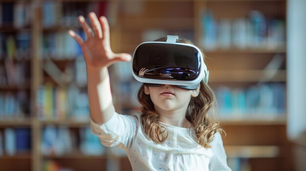 Маленькая девочка носит наушники VR, чтобы проверить дополненную технологию в школьной научной комнате