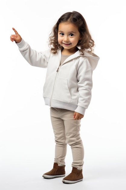Маленькая девочка на белом фоне жестикулирует указательным пальцем
