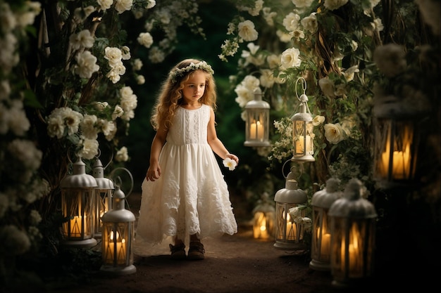 Little girl in white dress on enchanted garden path