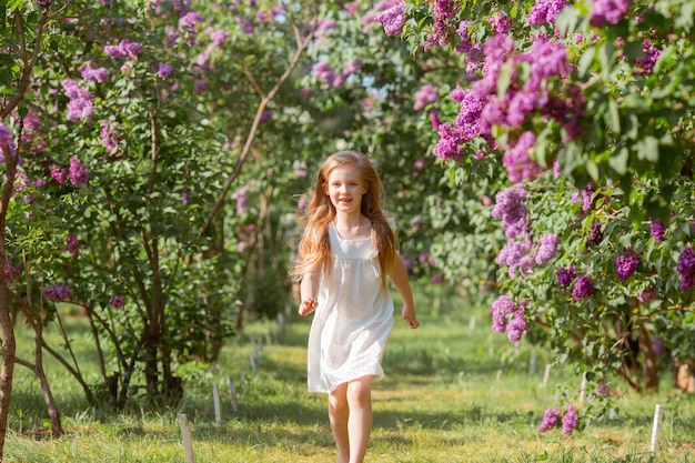 A little girl in a white dress runs in a lilac garden in spring