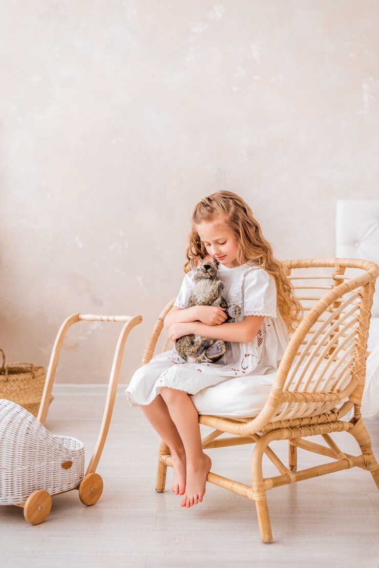 Photo little girl in a white dress sits on a chair and hugs an easter bunny. a child in a bright room with a toy rabbit.