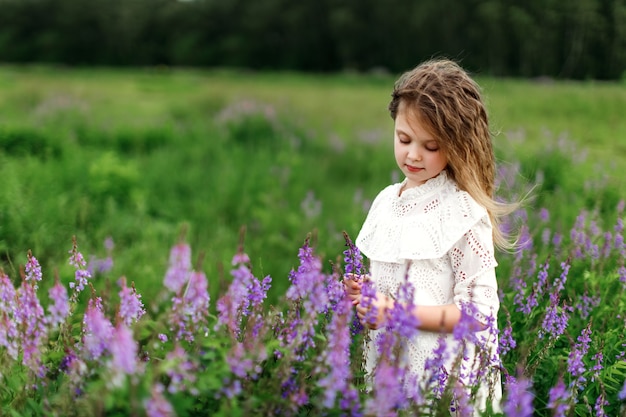 A little girl in a white dress with beautiful flowers in the field in summer