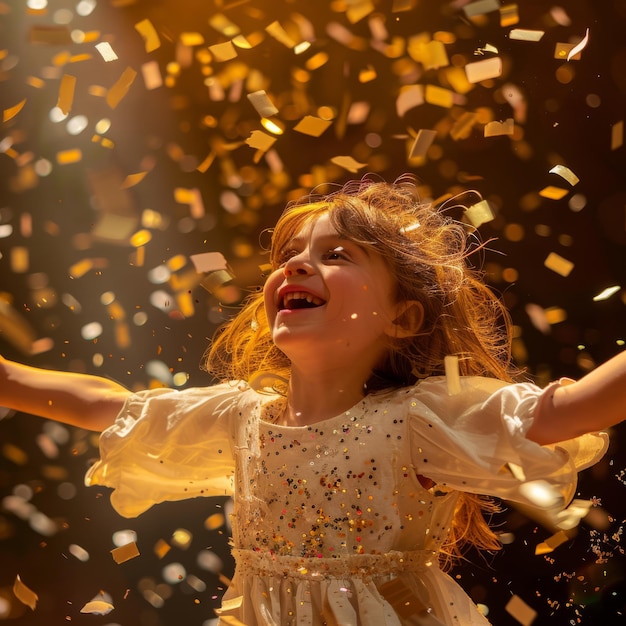 a little girl in a white dress with confetti on her head