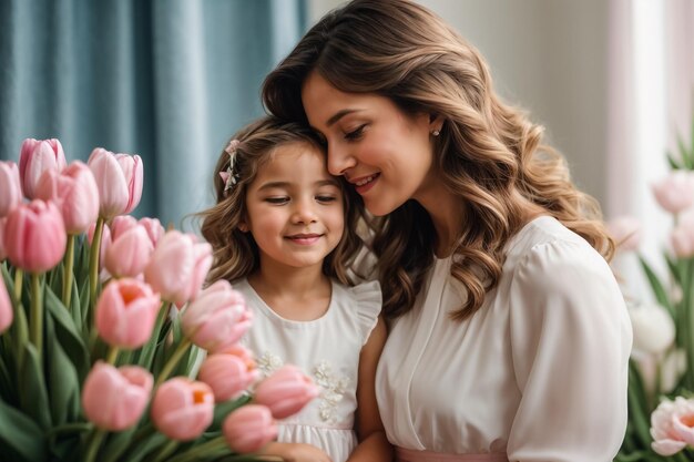 Little girl in white presents pink tulips to mom on mothers day