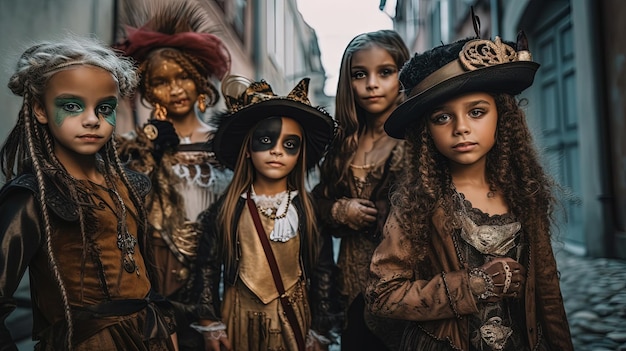Маленькая девочка с жутким макияжем на Хэллоуин Жуткий и страшный осенний праздничный костюм для празднования Хэллоуина Generative AI