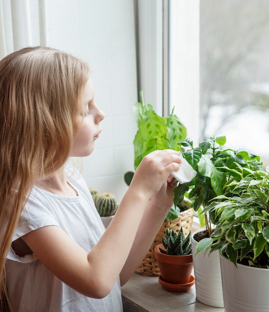 Little girl wipes the foliage of house plants, houseplant care